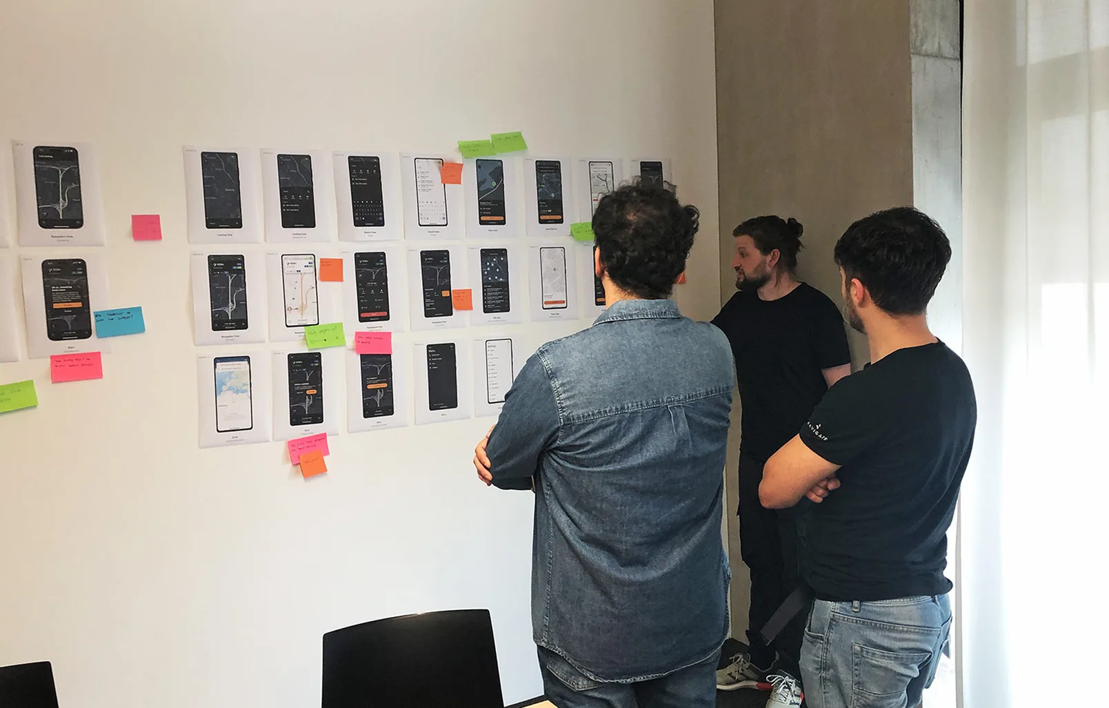 Team members reviewing printed screens of a navigation app design on a wall
