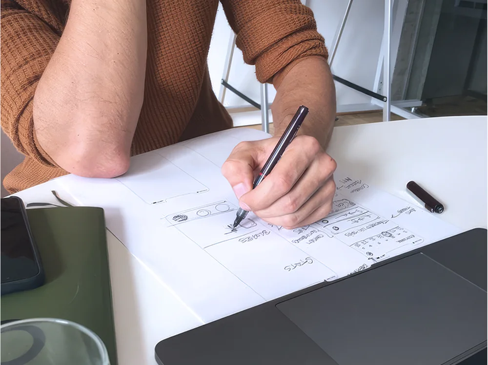 Close-up of hand-drawn wireframe sketches during a working session