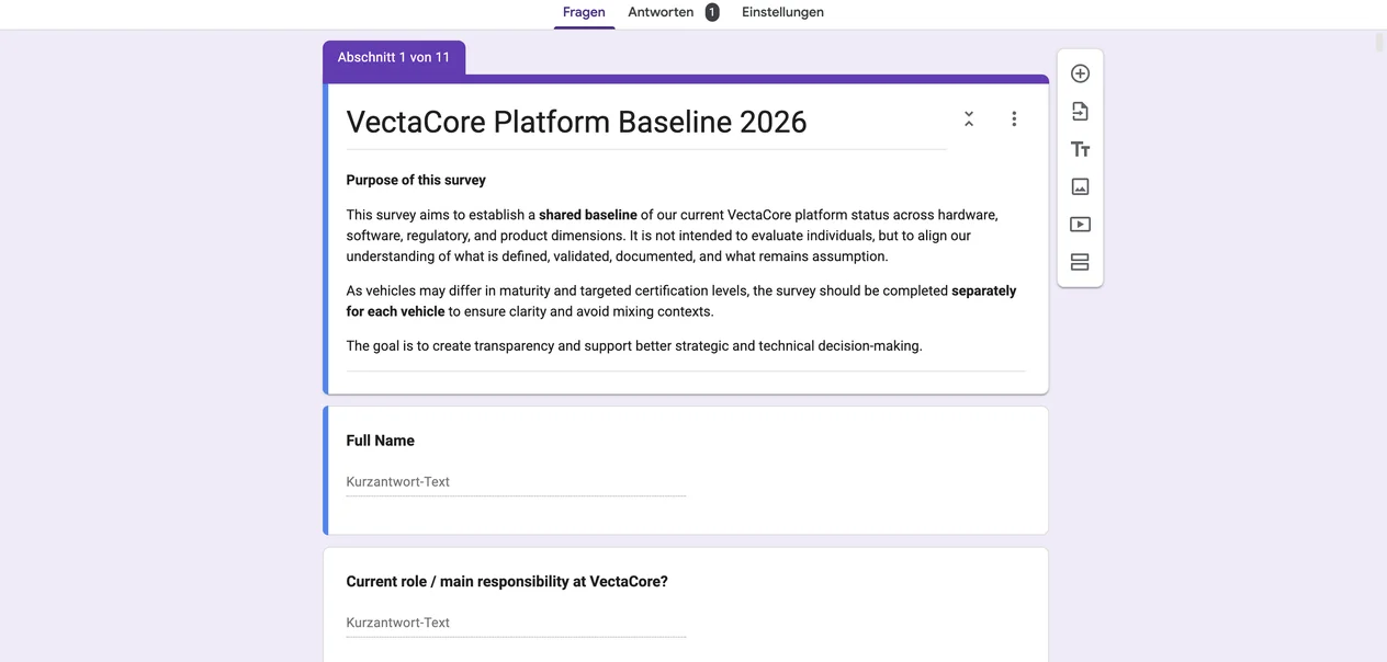 Google Form for the VectaCore Platform Baseline Survey, showing its purpose and the first questions